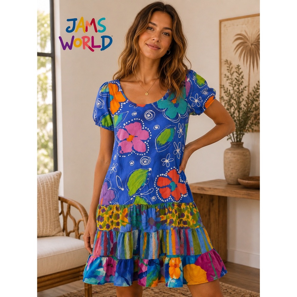 Jams World Floret Blue Floral Tiered Mini Dress Rayon Colorful Size Small